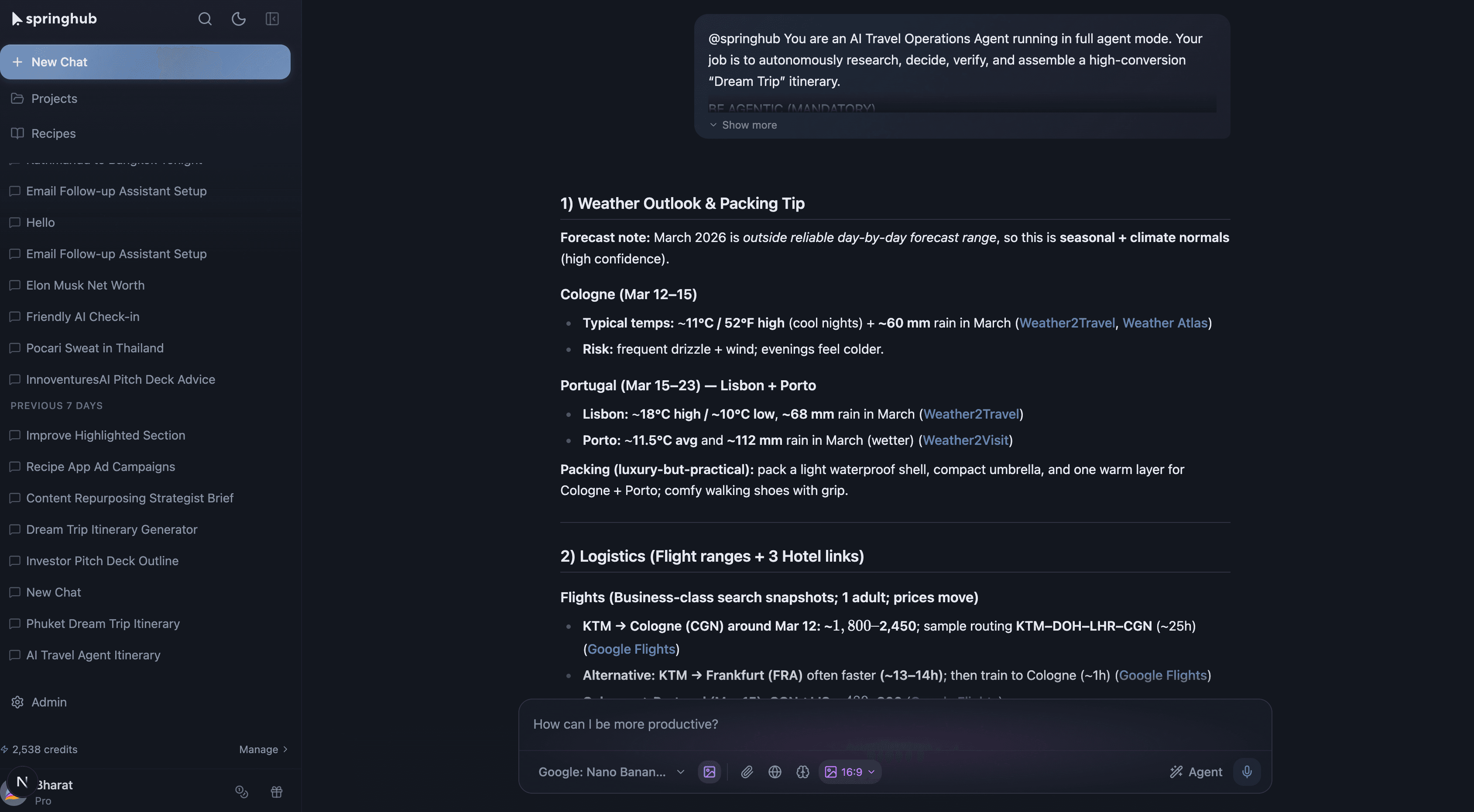 Springbase chat interface with AI agent mode