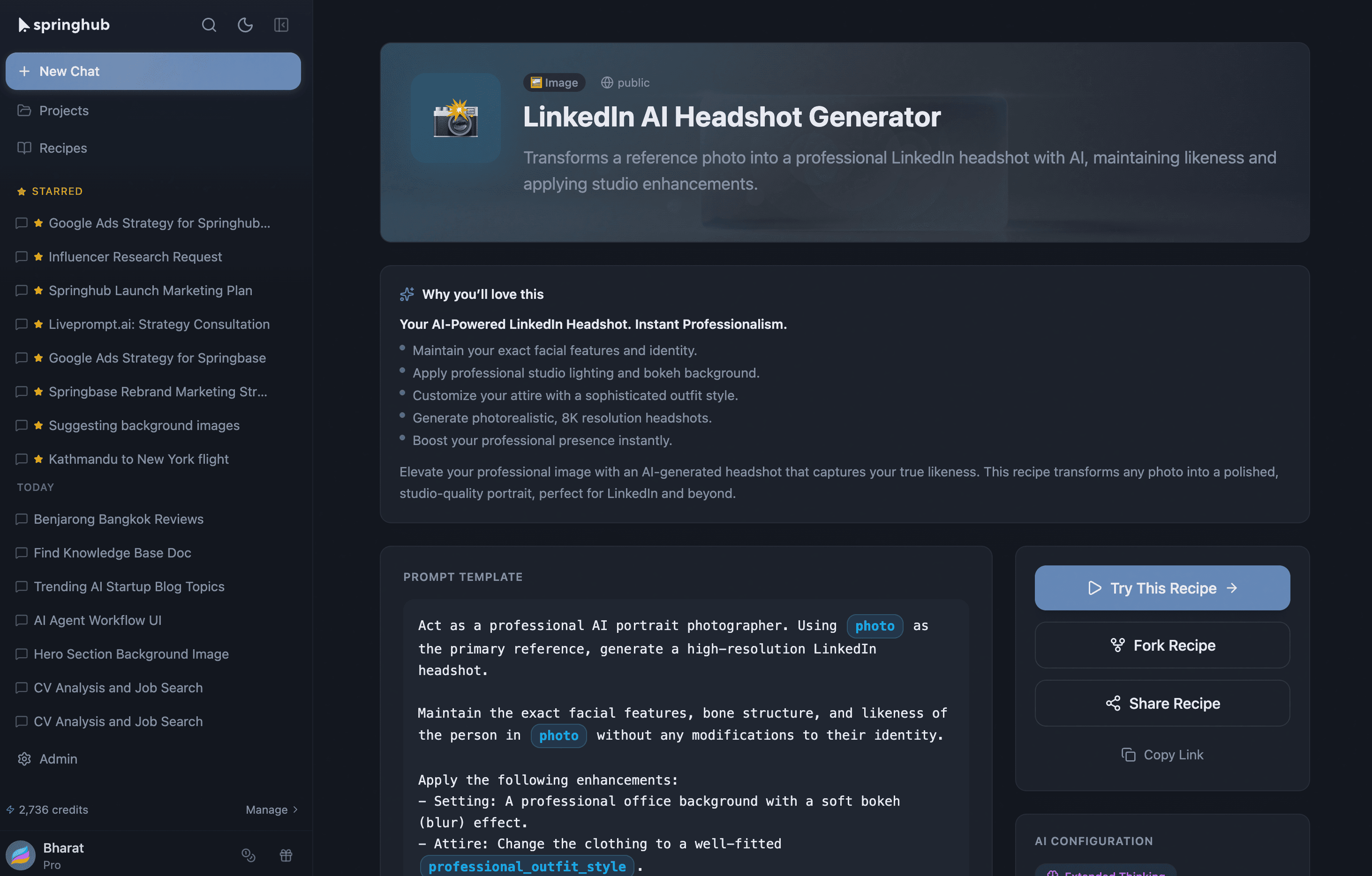 Springbase interface showing LinkedIn AI Headshot Generator recipe