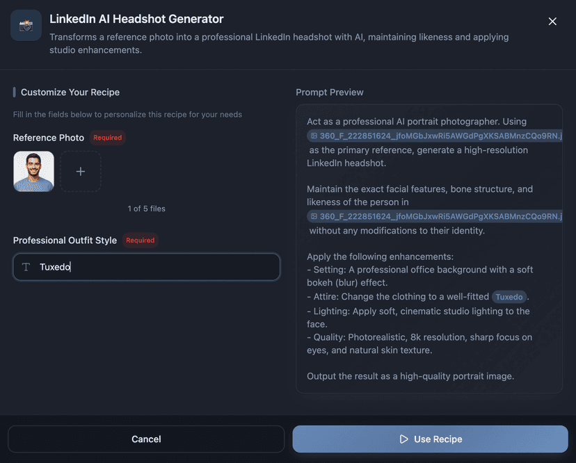 Recipe customization modal for LinkedIn AI Headshot Generator