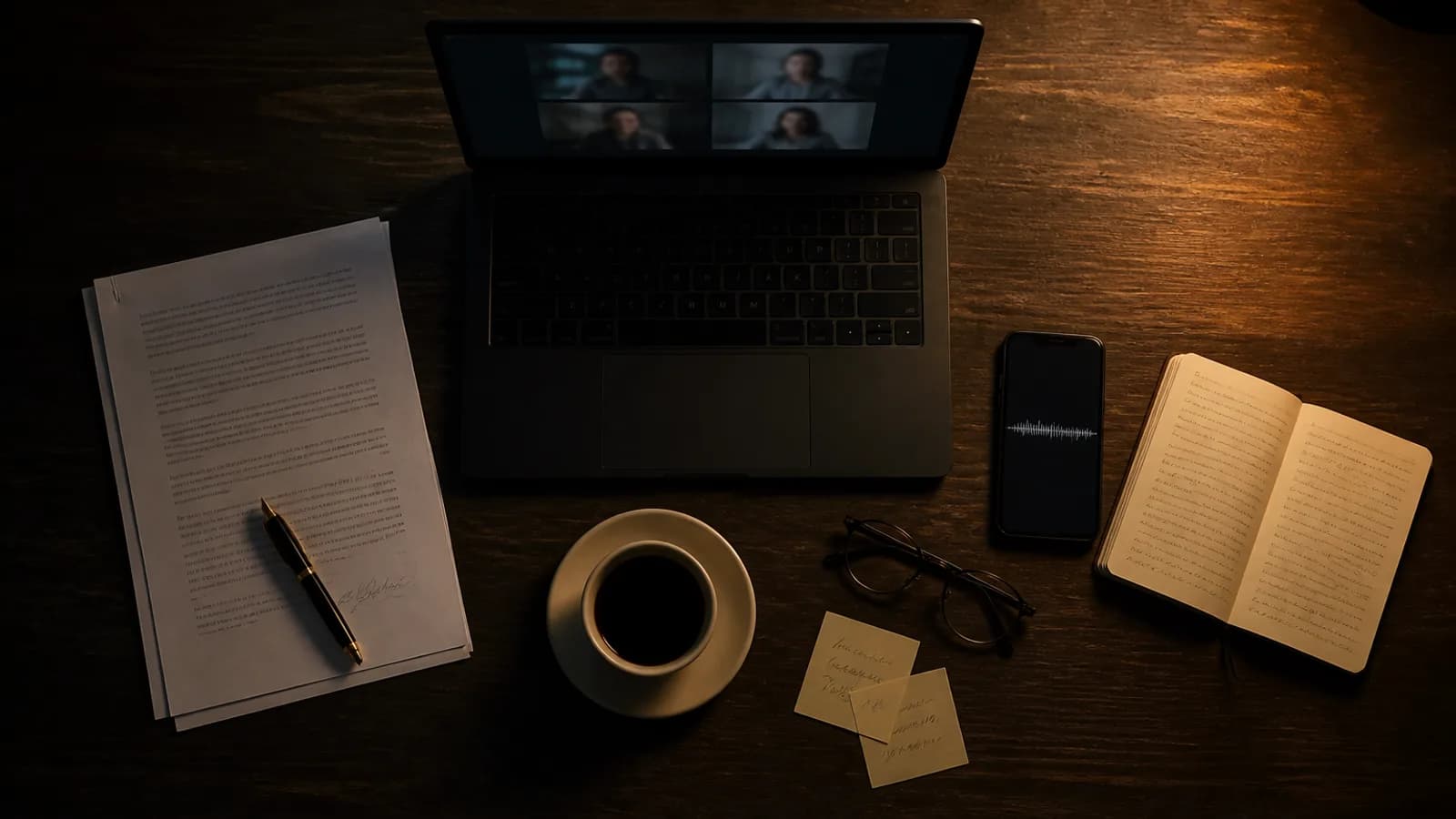 An overhead photograph of a walnut desk at night: a signed contract and pen, an open laptop showing a video call, a phone recording beside a handwritten notebook, a cup of coffee and reading glasses, lit by a single warm lamp.