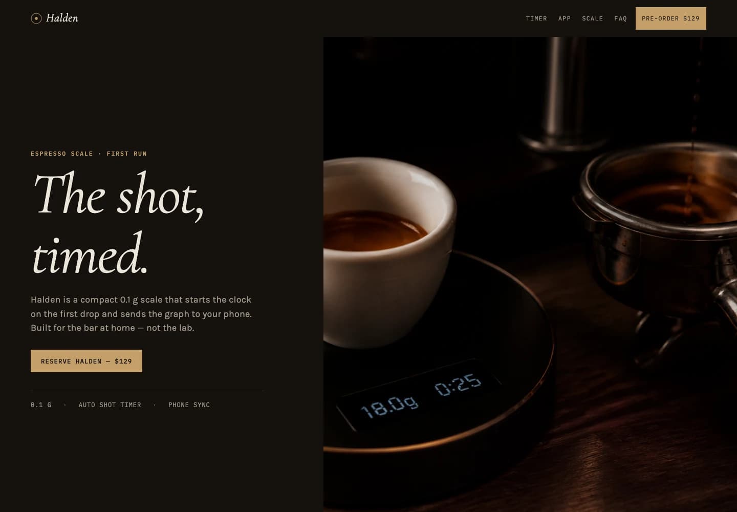 Actual Halden launch page: The shot, timed, with the generated espresso scale image and pre-order link