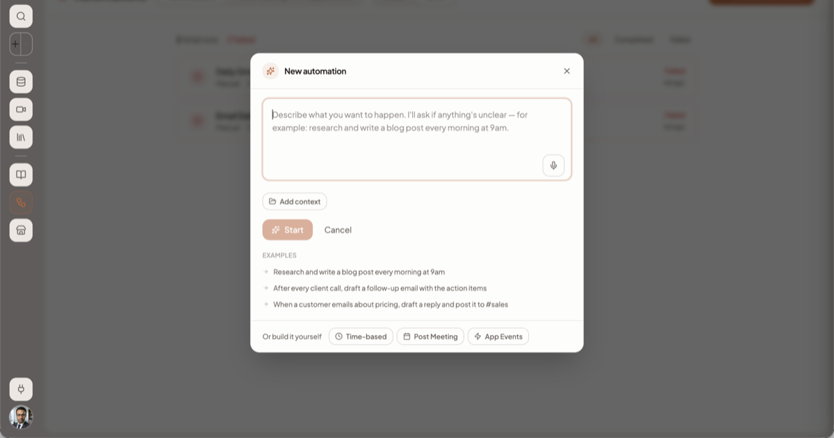 The New automation dialog, with its describe-it box, examples, and the Or build it yourself row offering Time-based, Post Meeting and App Events