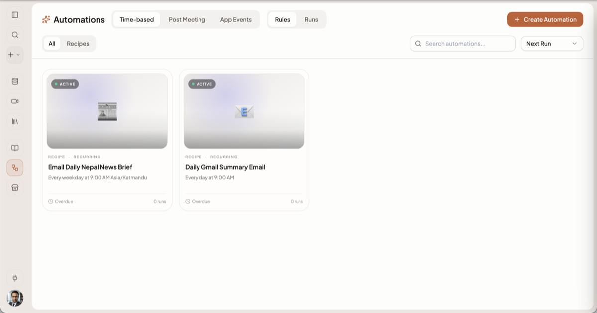 The Automations page with its Time-based, Post Meeting and App Events tabs