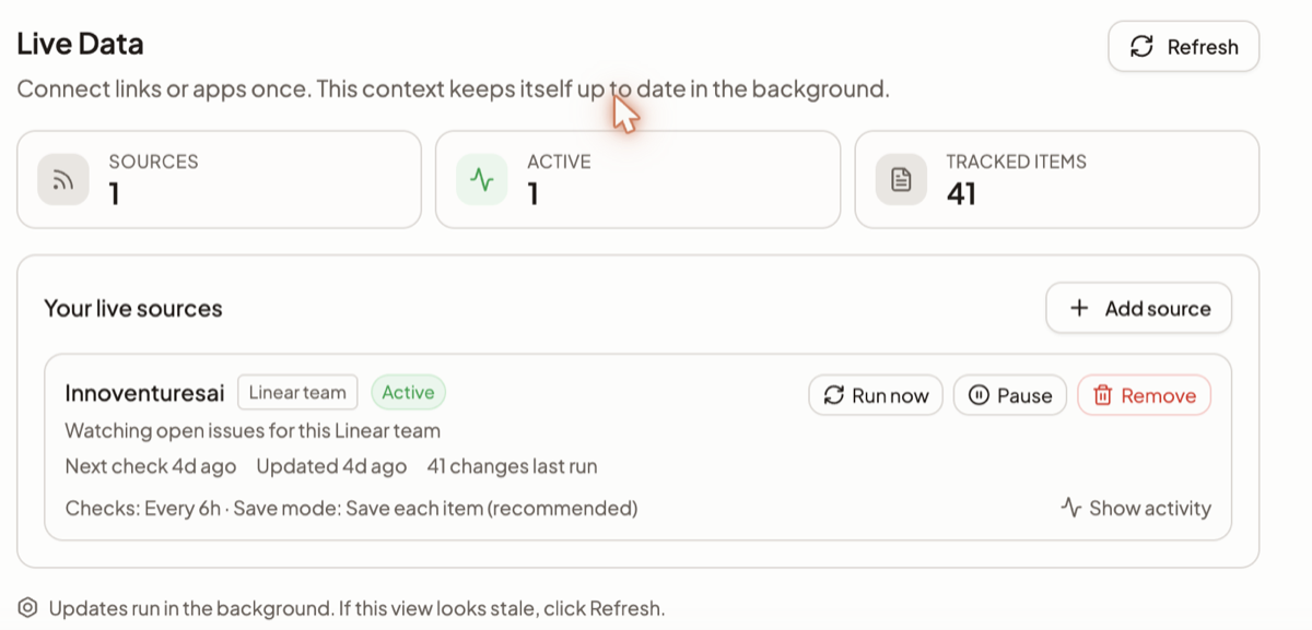 The Live Data tab with the email-to-context card above the live sources list and its status tiles