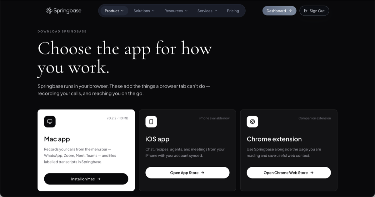 The Install apps page with the Mac app, iOS app and Chrome extension cards