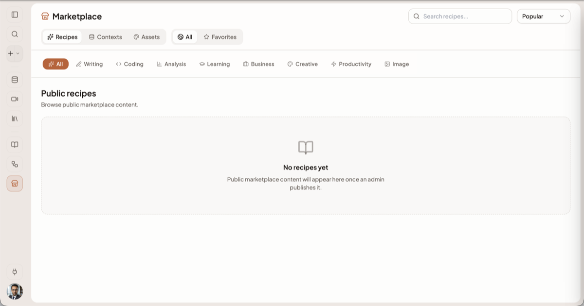 The Marketplace with its content tabs, scope toggle, category pills and search