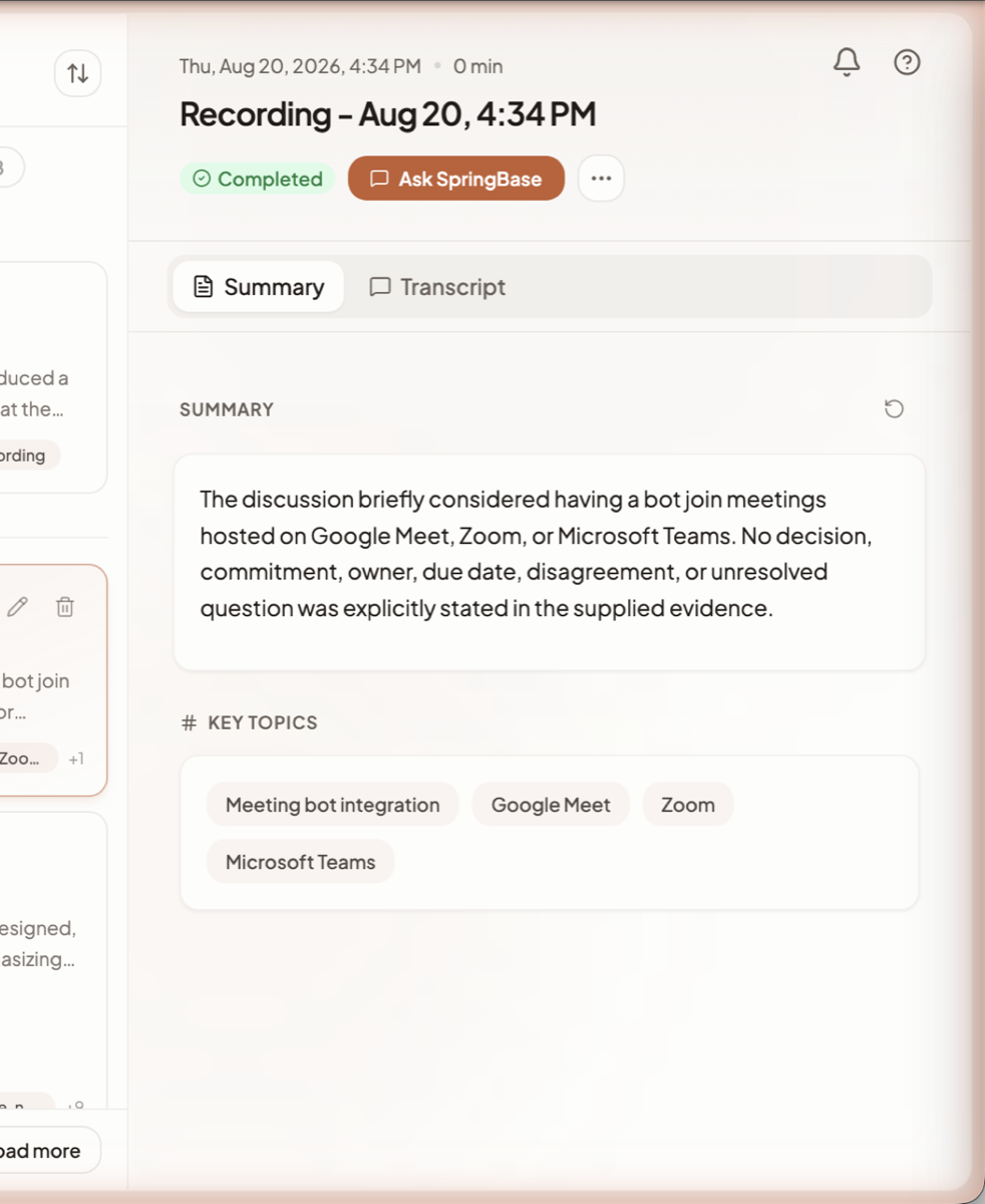 A meeting detail header with the Completed pill, the Ask SpringBase button, the Summary and Transcript tabs, and the SUMMARY and KEY TOPICS sections