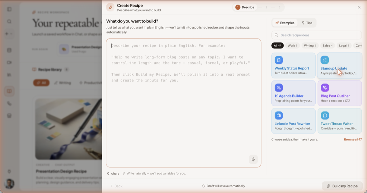 The Create Recipe dialog on the Describe step