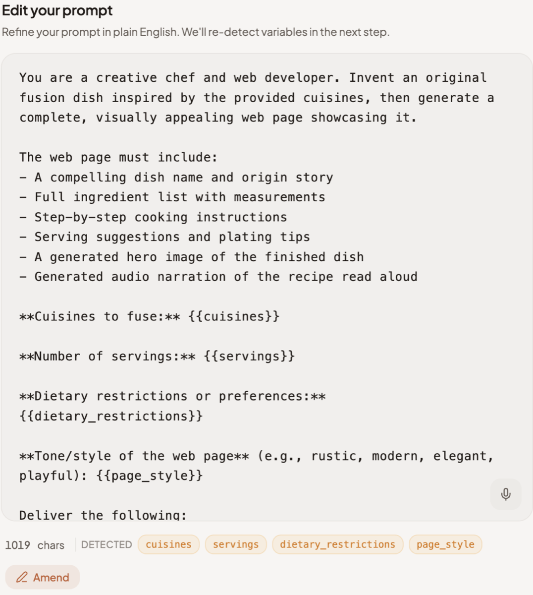 The recipe editor's Edit your prompt step, with the character count, the DETECTED variable chips and the Amend button