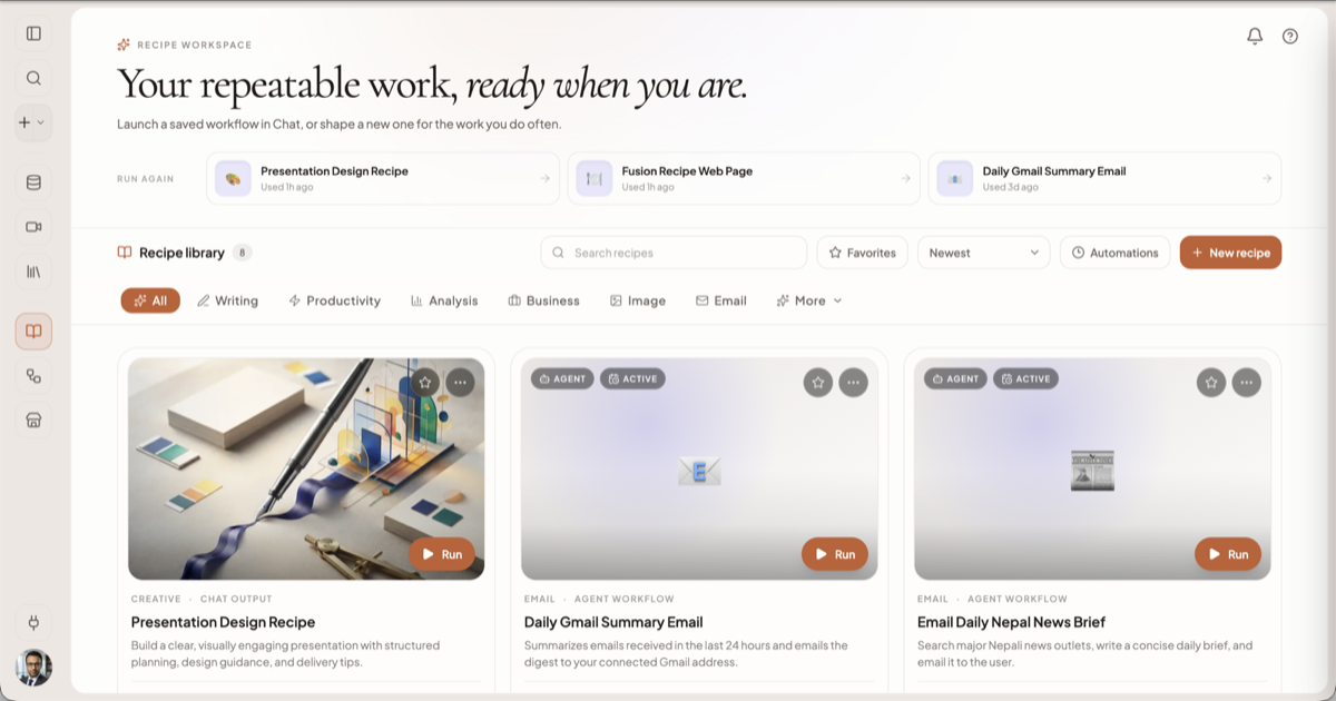 The Recipes workspace with category pills, search and recipe cards