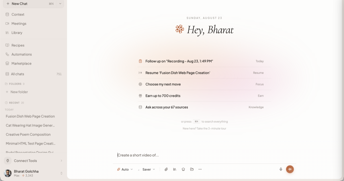 The expanded left sidebar showing Context, Meetings, Library, Recipes, Automations and Marketplace above the chat list