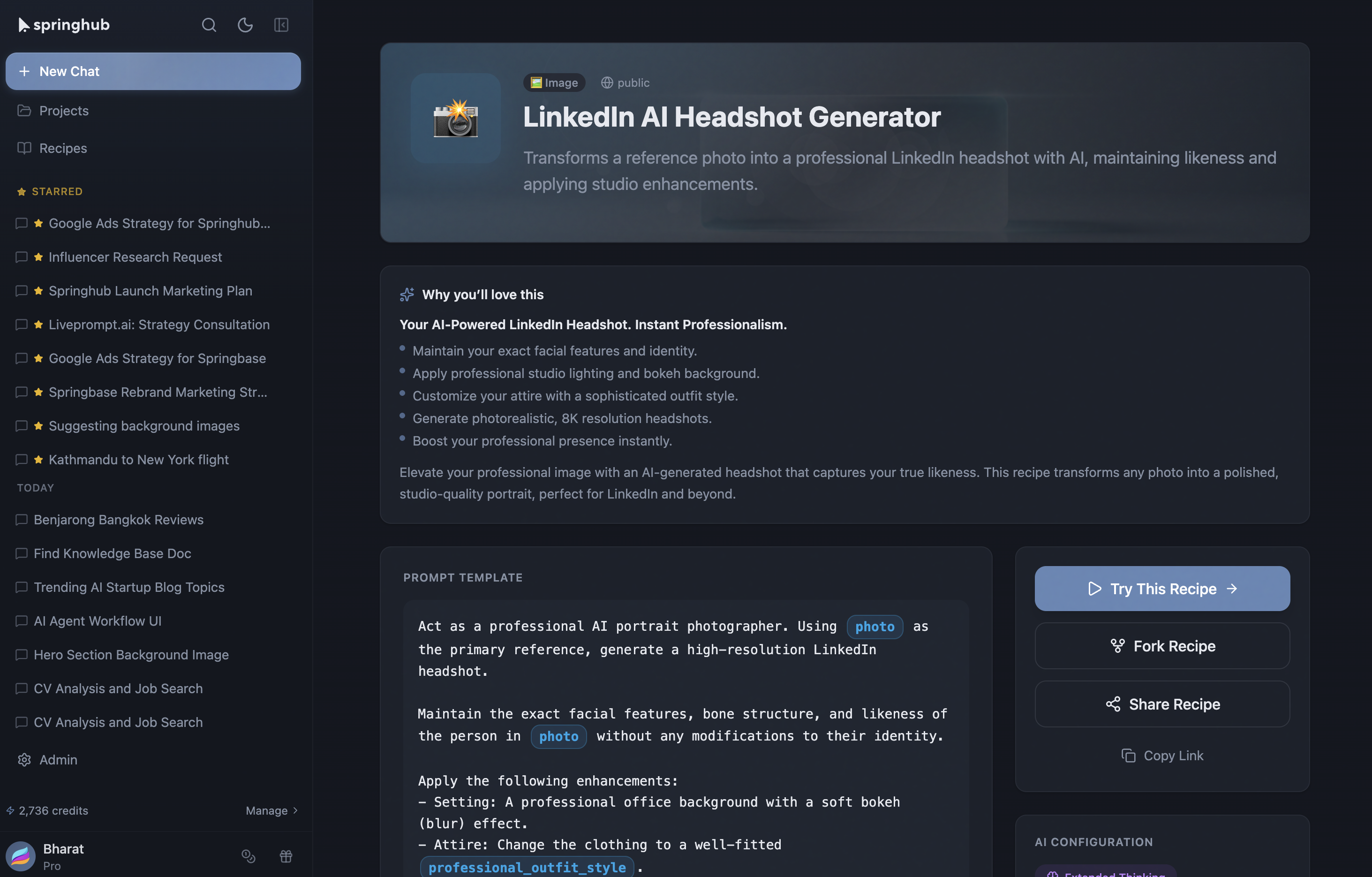 Springbase interface showing LinkedIn AI Headshot Generator recipe