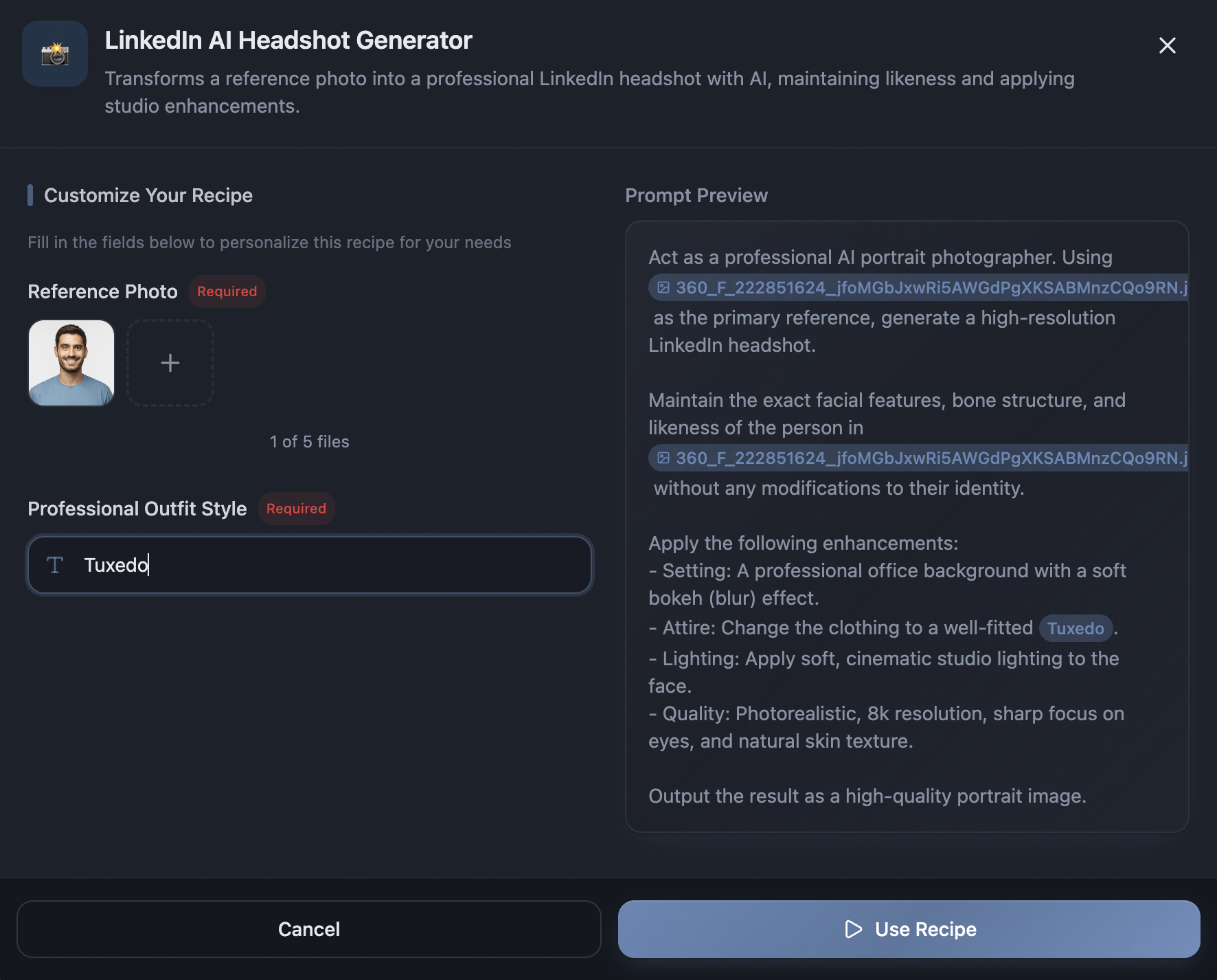 Recipe customization modal for LinkedIn AI Headshot Generator