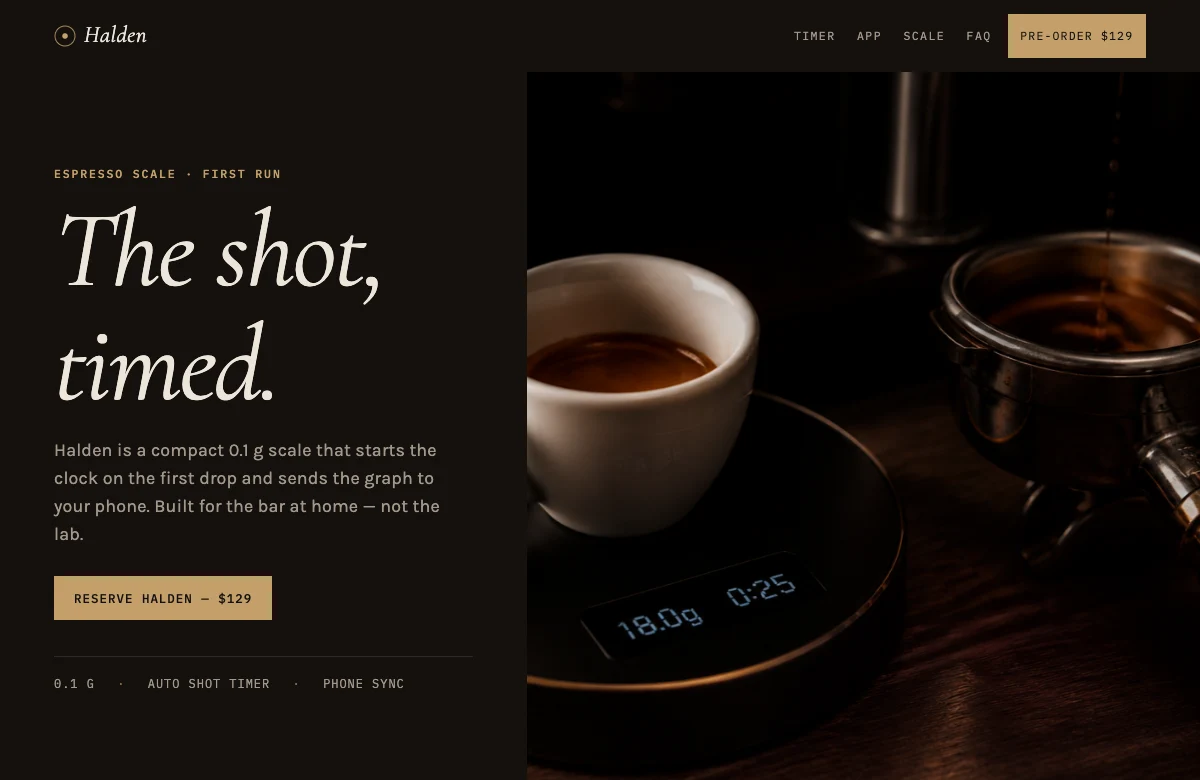 Halden launch page featuring the connected espresso scale and its product headline.