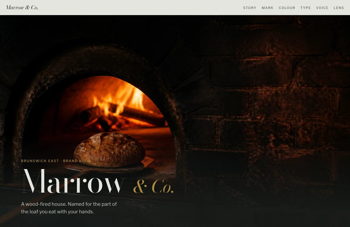 Marrow & Co. brand book: a wood-fired oven, editorial wordmark, and warm brass accents.